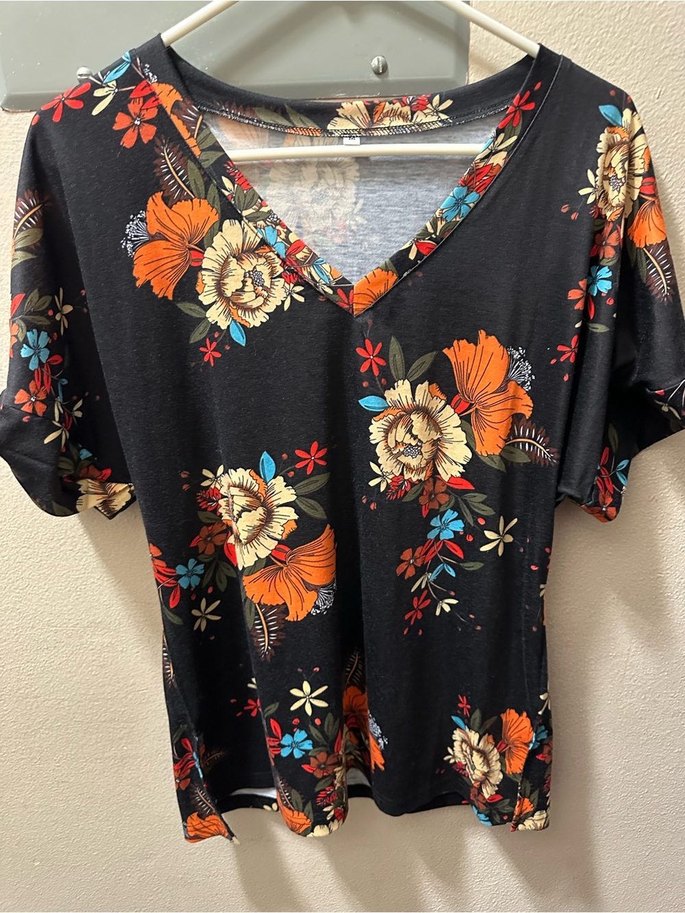 Women's Black Floral V-Neck Top - Orange & Cream Blooms